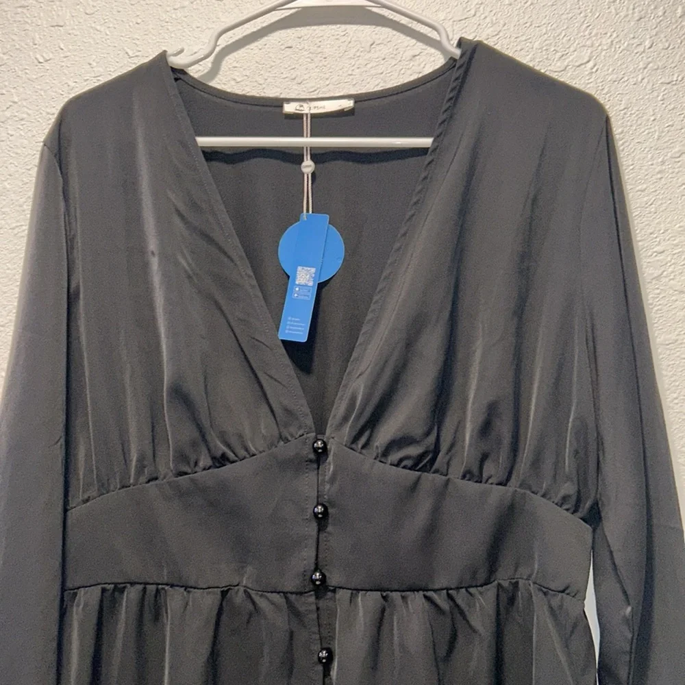 NWT Cupshe black plunge neck button loop button mini dress for women - Picture 7 of 11